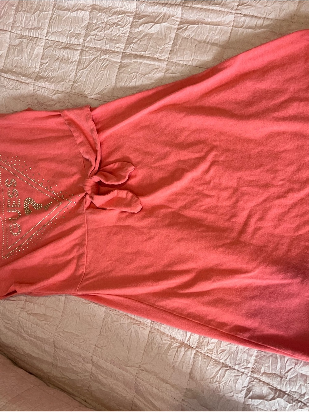 Guess Girls Coral Pink Casual Dress with Knot Front and Rhinestone Logo